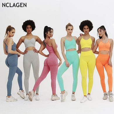 NCLAGEN Ins Knitting Seamless Yoga Suit Women booty scrunch Sexy Gym Sport Running Push-up Fitness Top Leggings Bra & Pants