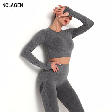 NCLAGEN Sports Top Women Seamless Yoga Crop Tops Long Sleeve High Elastic Gym Shirt Push-up Fitness Clothing Workout Thumb Holes